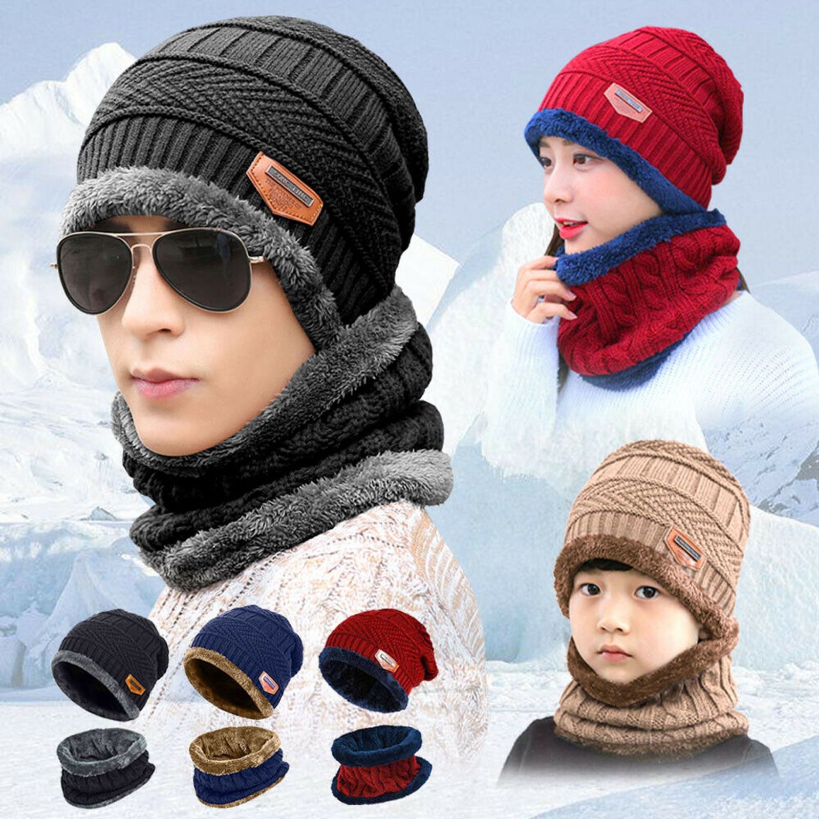 2 Pcs Beanie Wool Cap With Neck Warmer